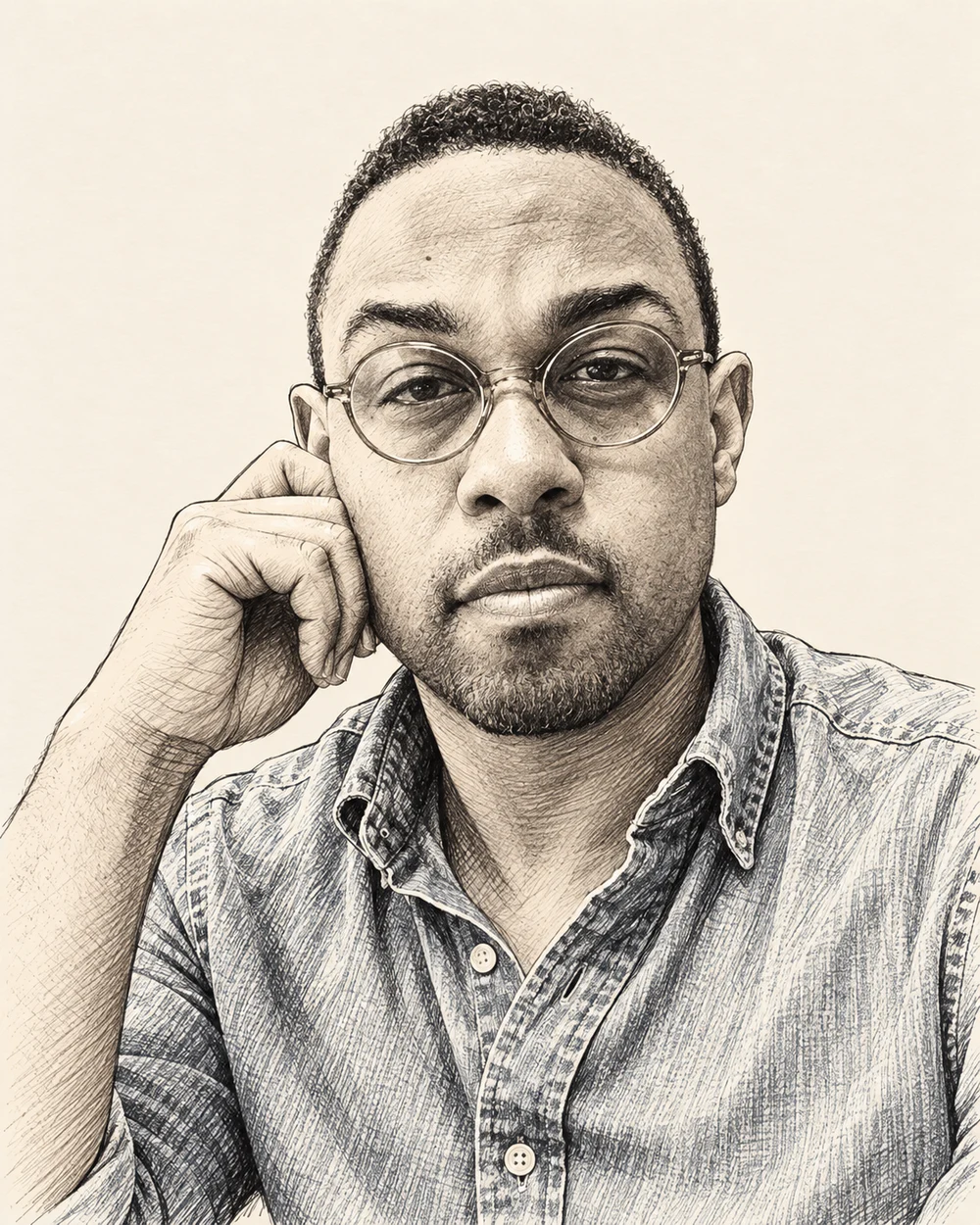 An illustrated portrait of Marshall A. Dunbar in a denim shirt, wearing round glasses and resting his cheek on his hand.